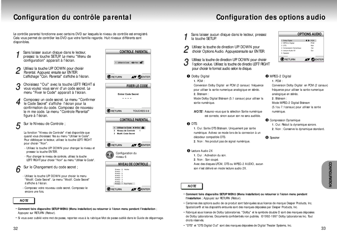 Samsung DVD-M405/XEF manual Sur le Changement du code secret, Dolby Digital, MPEG-2 Digital, Pcm 