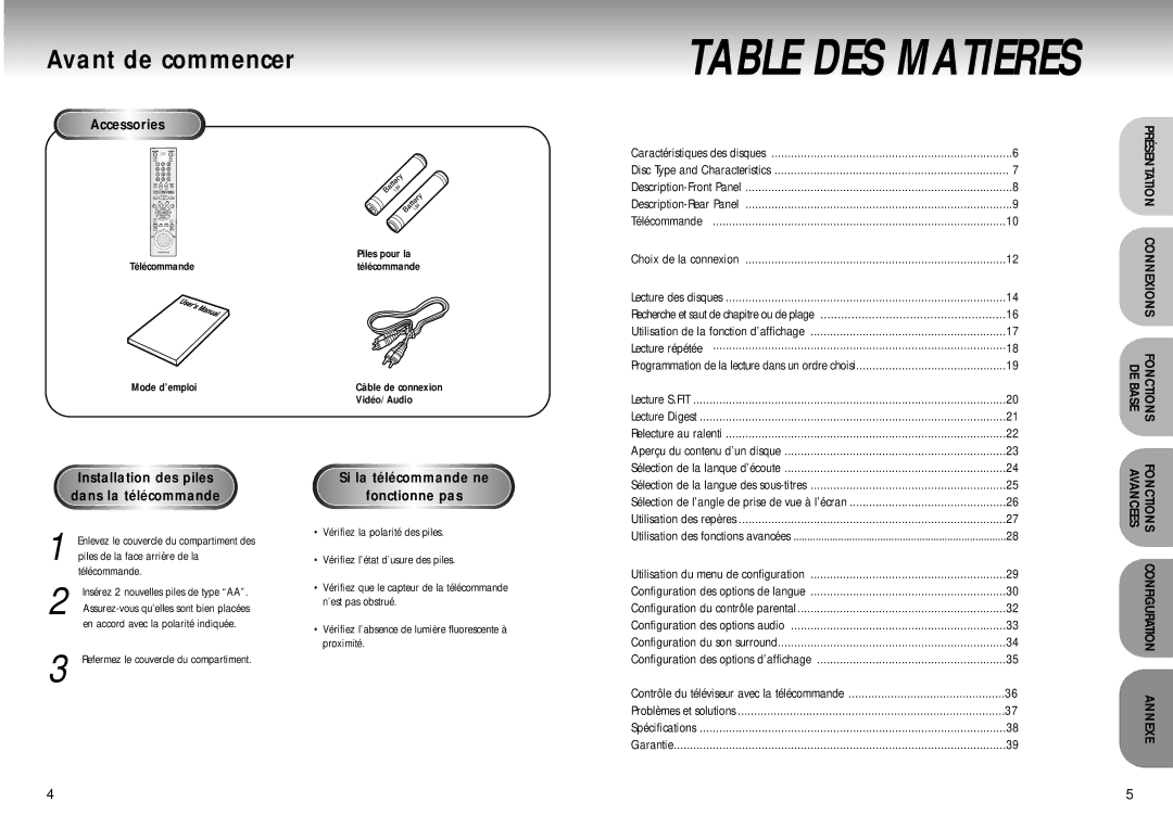 Samsung DVD-M405/XEF manual Avant de commencer, Accessories, Installation des piles dans la télécommande 