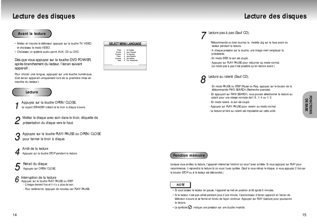 Samsung DVD-M405/XEF manual Lecture des disques, Avant la lecture, Fonction mémoire 