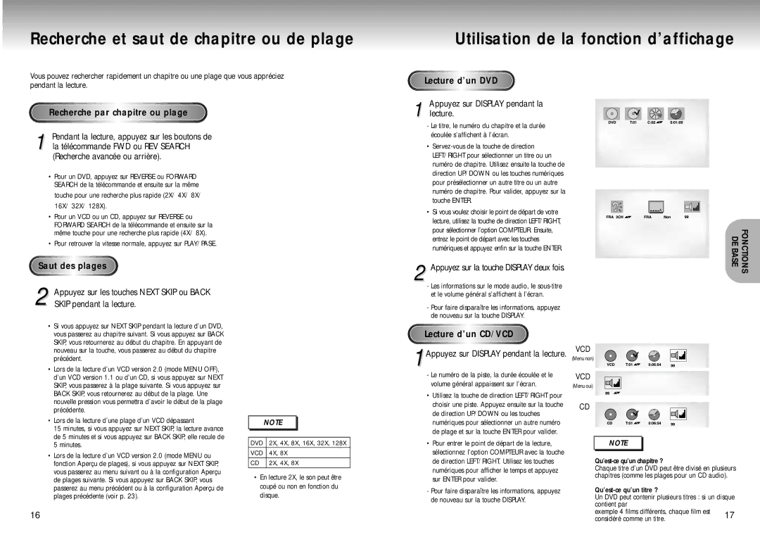 Samsung DVD-M405/XEF manual Recherche et saut de chapitre ou de plage, Utilisation de la fonction d’affichage 