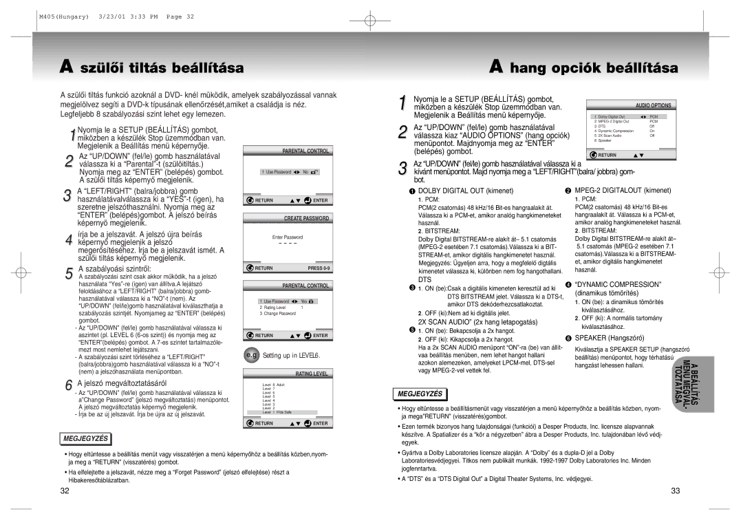 Samsung DVD-M405/XEH manual SzŸlÎi tilt‡s be‡ll’t‡sa, Hang opci-k be‡ll’t‡sa 