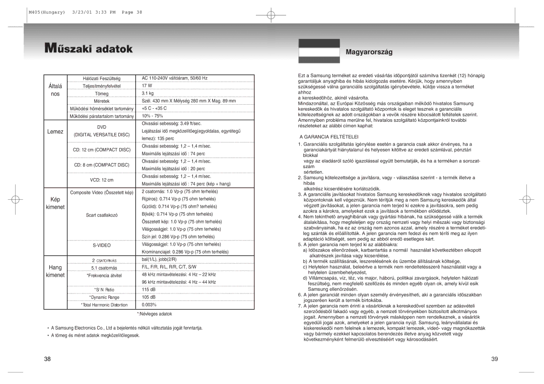 Samsung DVD-M405/XEH manual Mõszaki adatok 