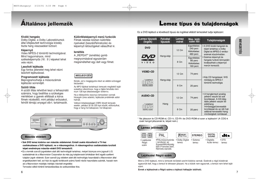 Samsung DVD-M405/XEH manual Çltal‡nos jellemzÎk Lemez t’pus Žs tulajdons‡gok 