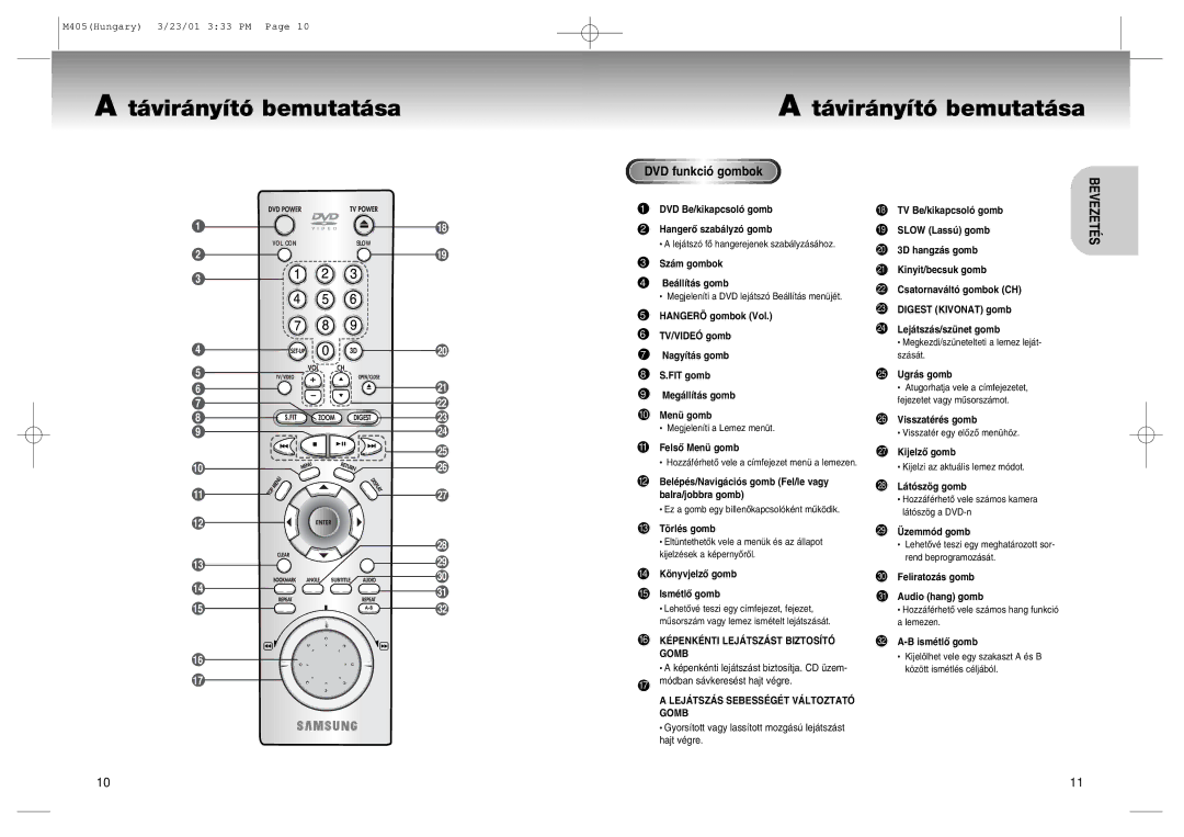 Samsung DVD-M405/XEH manual ‡vir‡ny’t- bemutat‡sa, DVD funkc i- gombok 