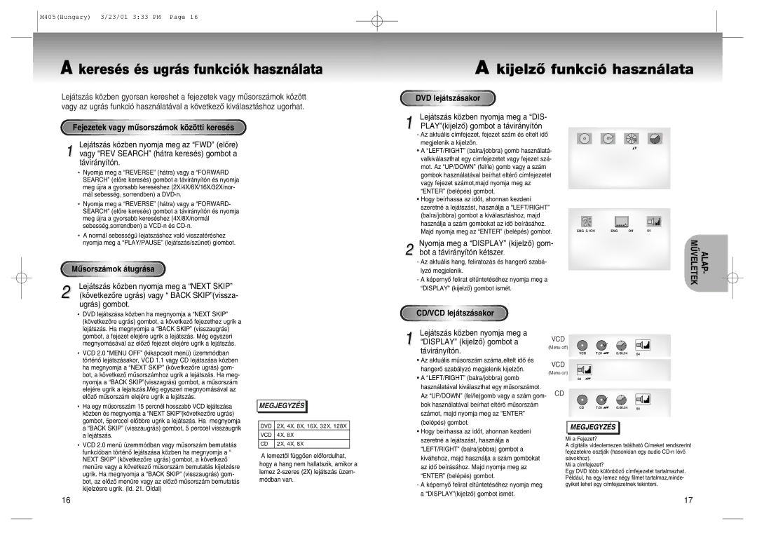 Samsung DVD-M405/XEH manual KijelzÎ funkci- haszn‡lata 