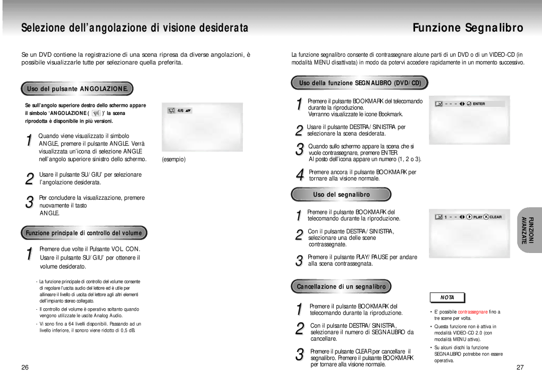 Samsung DVD-M405/XET manual Funzione Segnalibro, Uso del pulsante Angolazione, Angle, Uso del segnalibro 