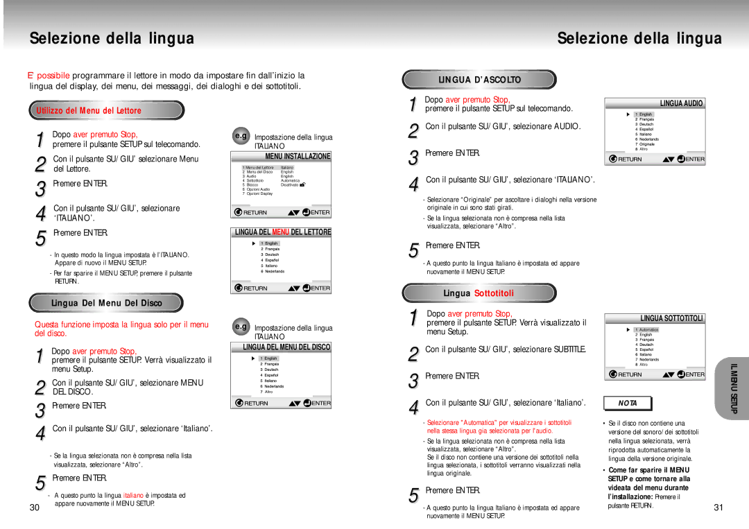 Samsung DVD-M405/XET manual Selezione della lingua, IL Menu Setup, Lingua Del Menu Del Disco, Lingua Sottotitoli, Italiano 