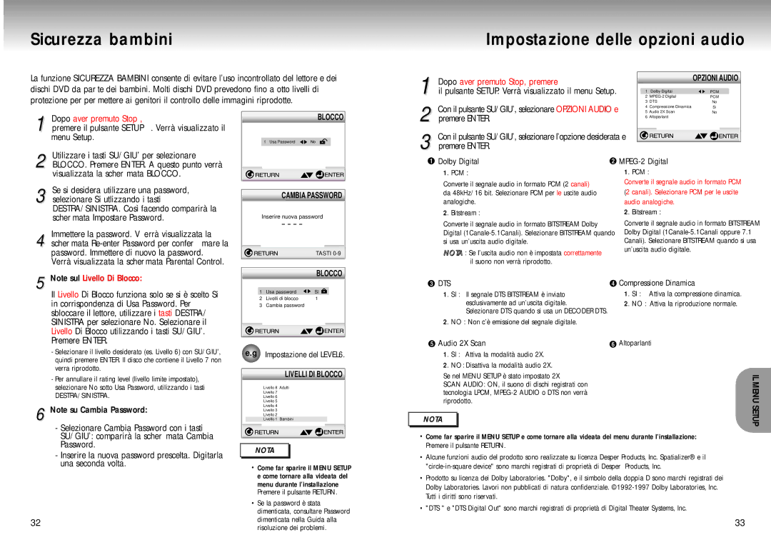 Samsung DVD-M405/XET Sicurezza bambini Impostazione delle opzioni audio, SU/GIU’ comparirà la scher mata Cambia, Password 