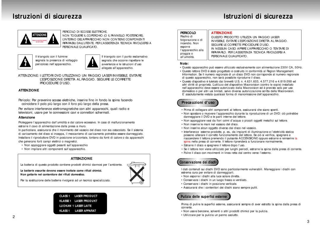 Samsung DVD-M405/XET Istruzioni di sicurezza, Pericolo, Attenzione, Precauzioni d’uso, Pulizia delle superfici esterne 