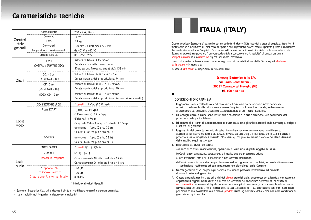 Samsung DVD-M405/XET manual Caratteristiche tecniche, Condizioni DI Garanzia 