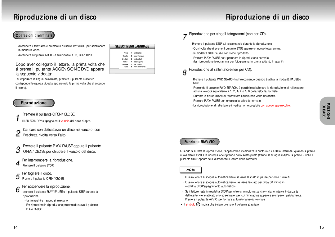 Samsung DVD-M405/XET manual Riproduzione di un disco 