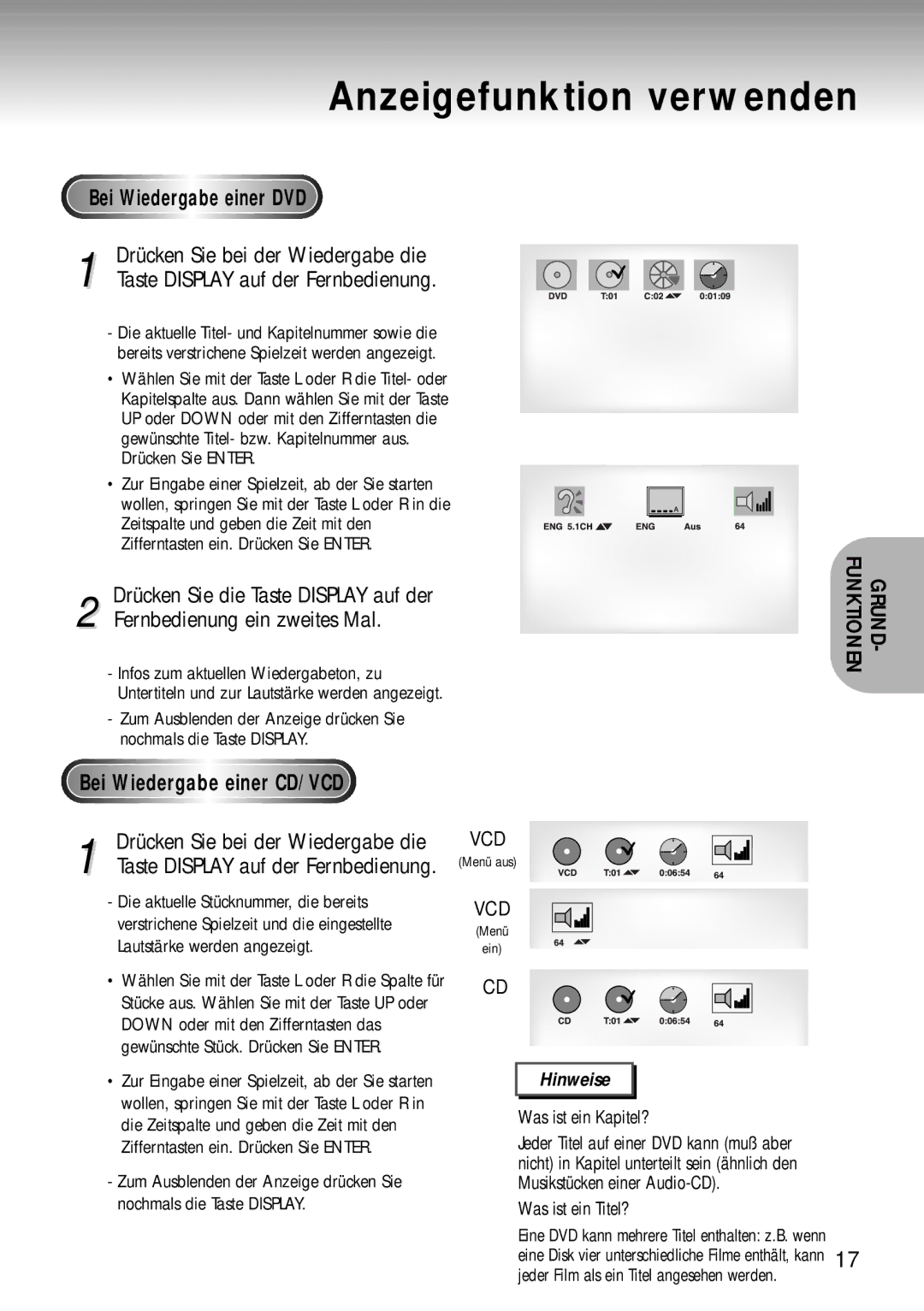 Samsung DVD-MC20/XEG manual Anzeigefunktion verwenden, Bei Wiedergabe einer DVD, Bei Wiedergabe einer CD/VCD 