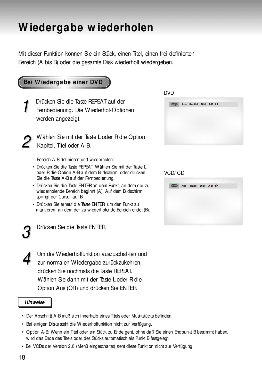 Samsung DVD-MC20/XEG manual Wiedergabe wiederholen 