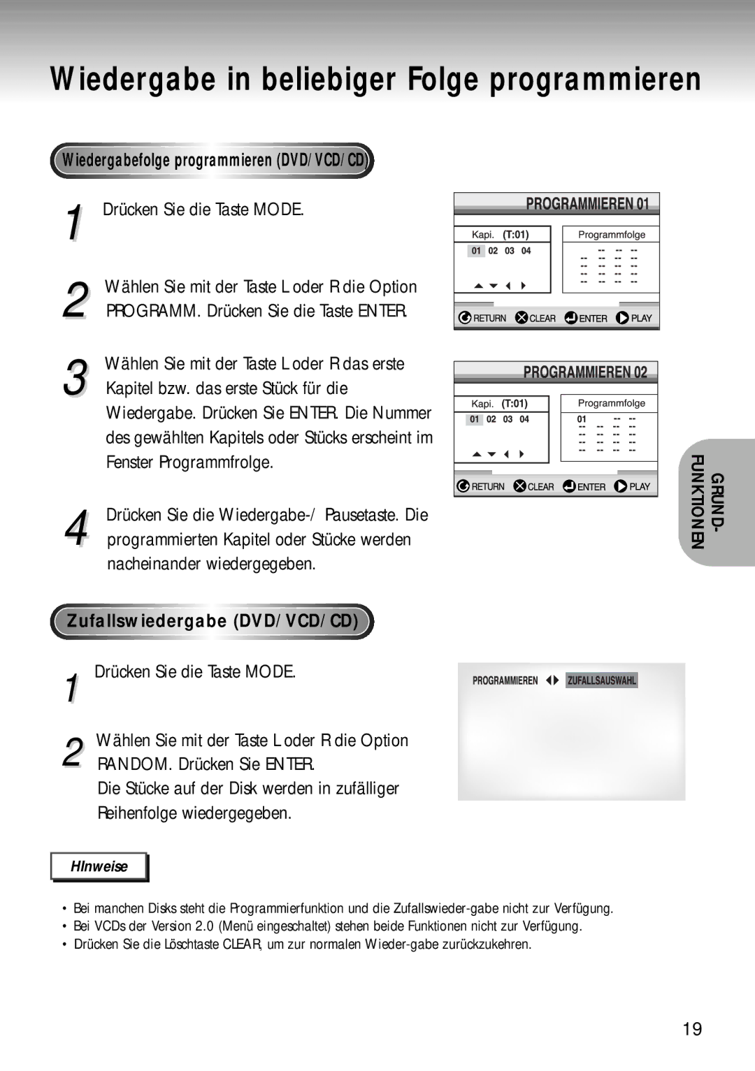 Samsung DVD-MC20/XEG Wiedergabefolge programmieren DVD/VCD/CD, Drücken Sie die Taste Mode, Zufallswiedergabe DVD/VCD/CD 