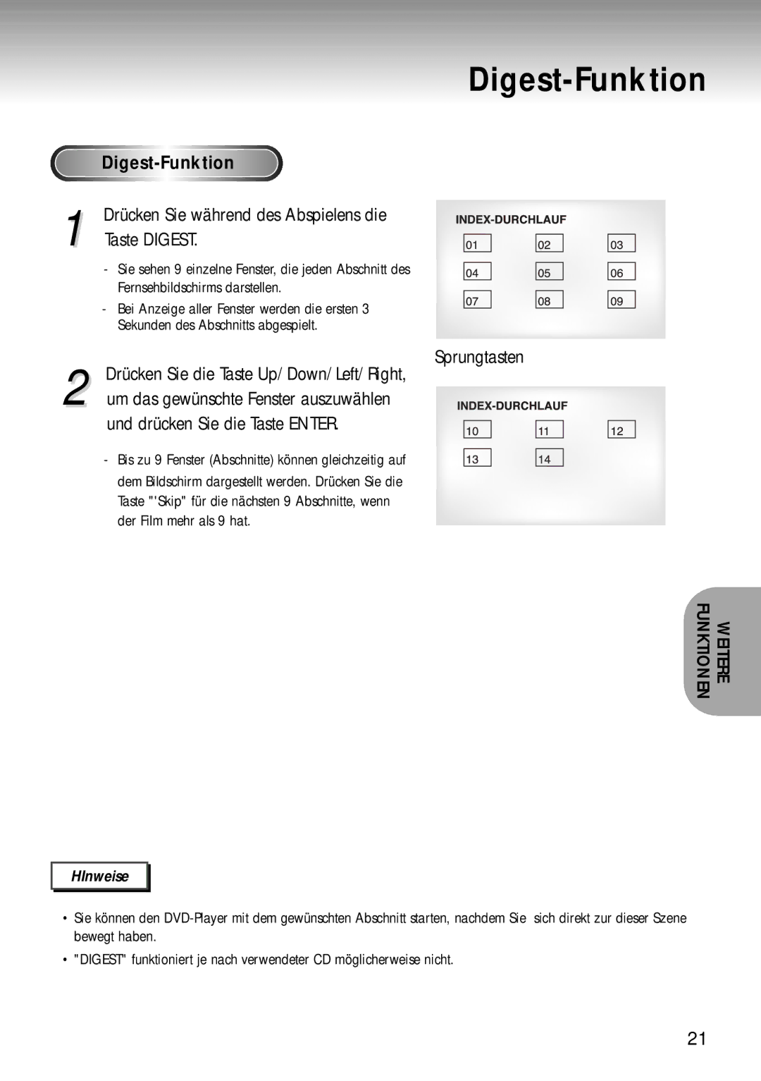 Samsung DVD-MC20/XEG manual Digest-Funktion, Taste Digest, Sprungtasten 