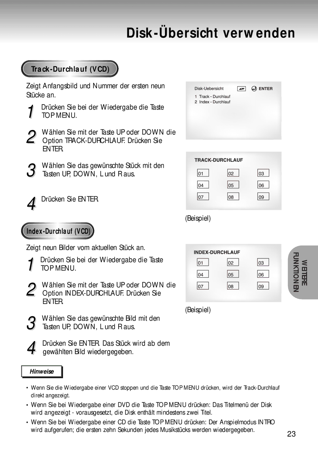 Samsung DVD-MC20/XEG manual Disk-Übersicht verwenden, Track-DurchlaufVCD, Drücken Sie ENTER. Beispiel, Index-DurchlaufVCD 