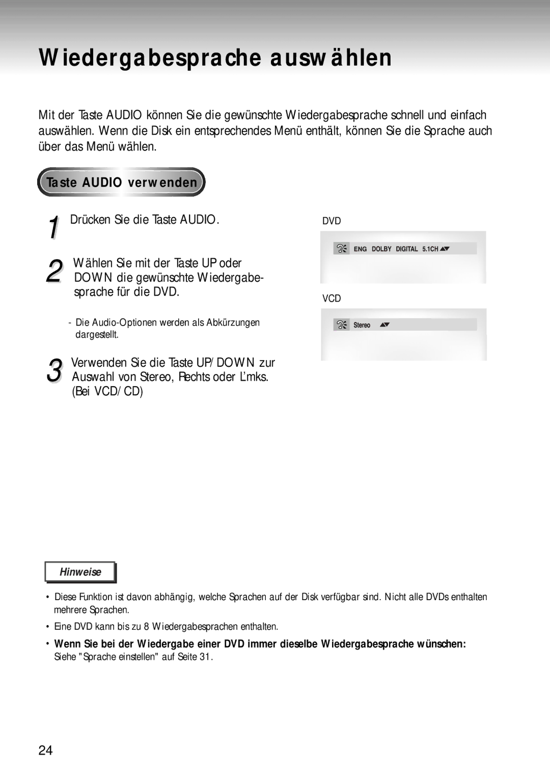 Samsung DVD-MC20/XEG manual Wiedergabesprache auswählen, Taste Audio verwenden 