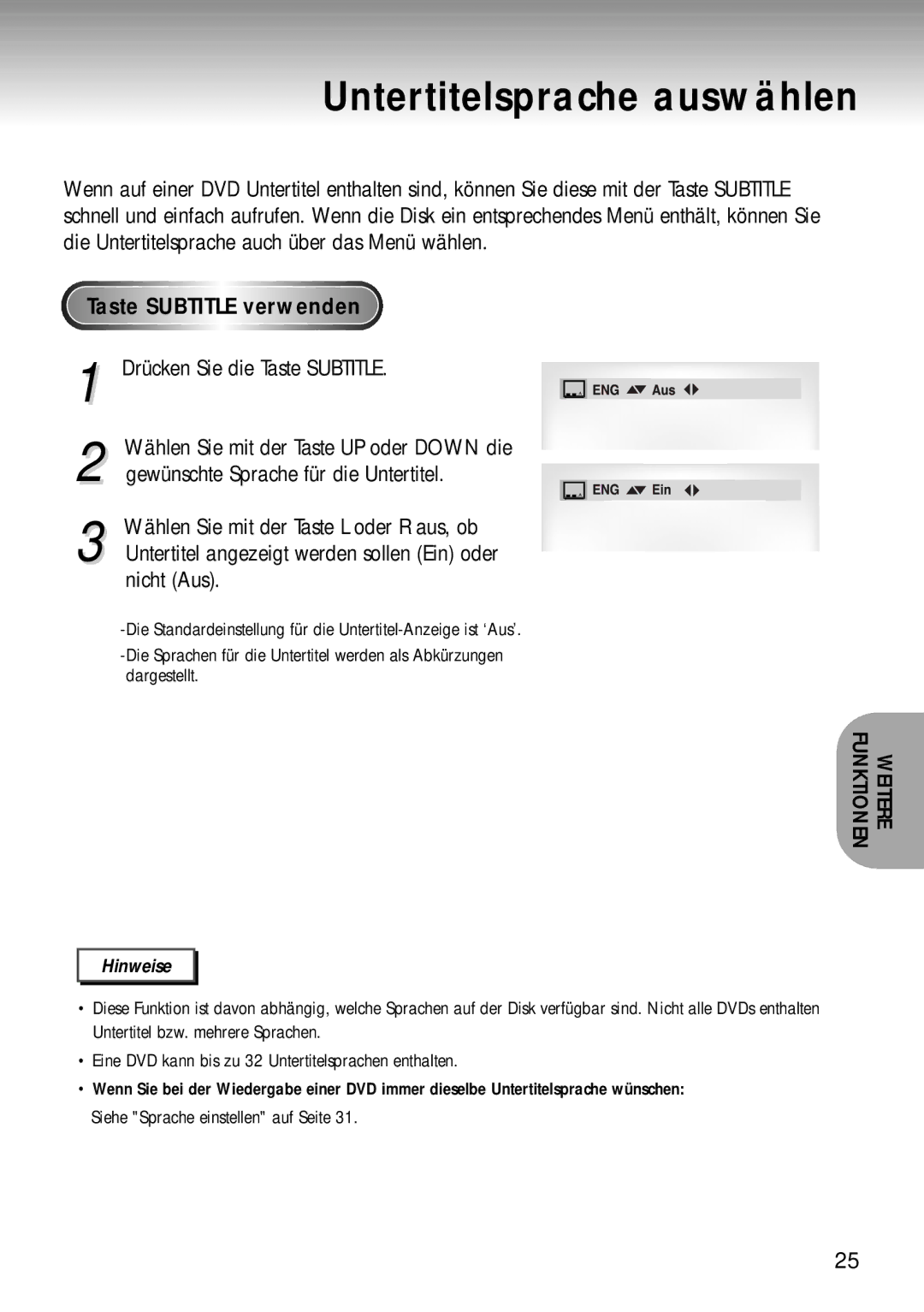 Samsung DVD-MC20/XEG manual Untertitelsprache auswählen, Taste Subtitl E verwenden, Drücken Sie die Taste Subtitle 