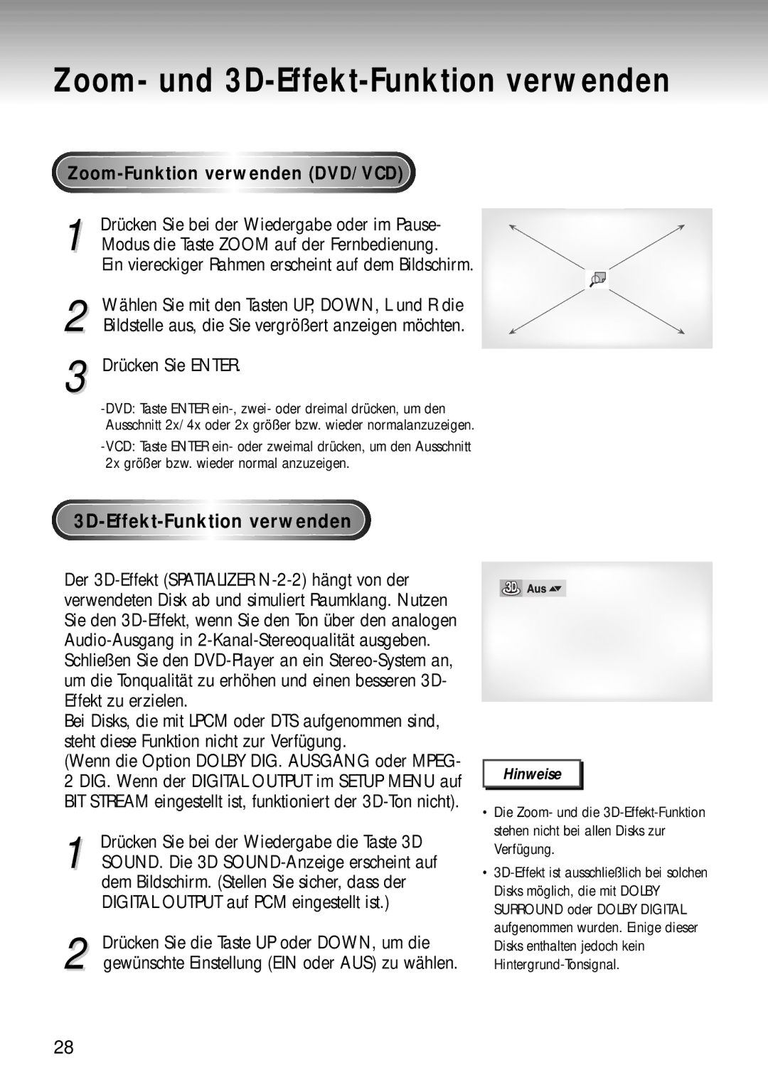 Samsung DVD-MC20/XEG manual Zoom- und 3D-Effekt-Funktion verwenden, Zoom-Funktionverwenden DVD/VCD, Drücken Sie Enter 