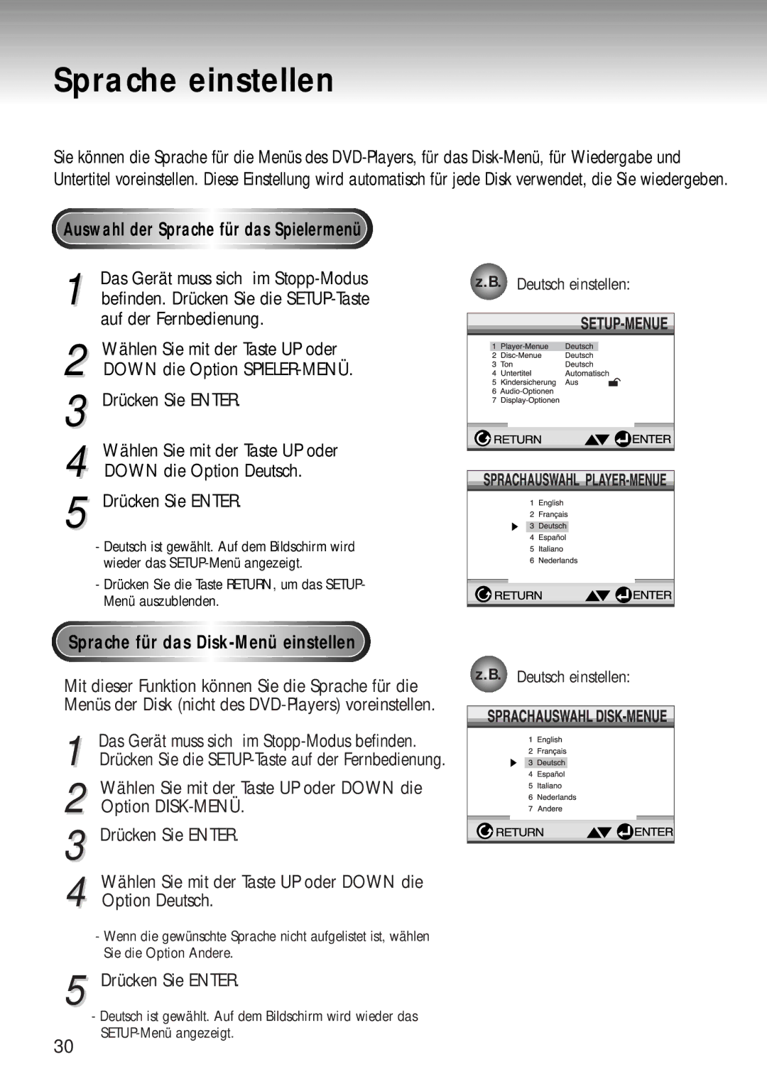 Samsung DVD-MC20/XEG Sprache einstellen, Auswahl der Sprache für das Spielermenü, Sprache für das Disk-Menüeinstellen 