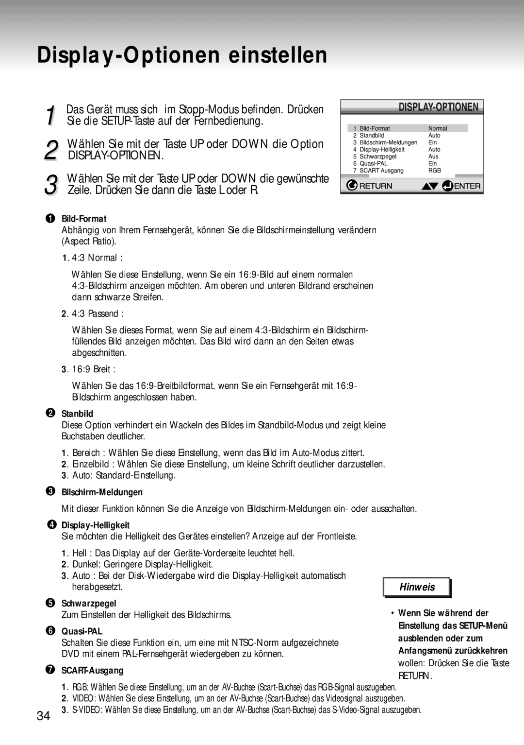 Samsung DVD-MC20/XEG manual Display-Optionen einstellen 