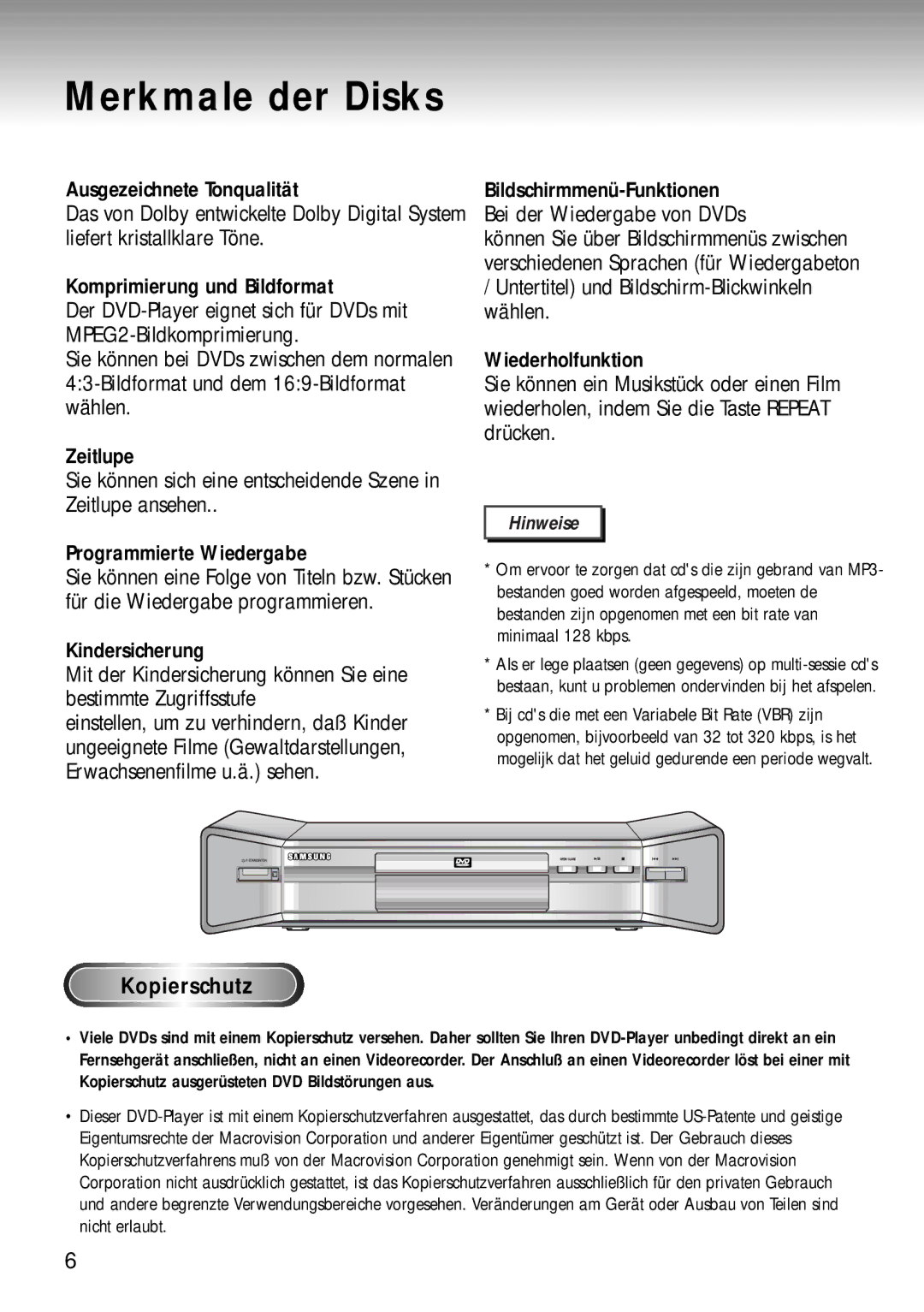 Samsung DVD-MC20/XEG manual Merkmale der Disks, Kopierschutz 