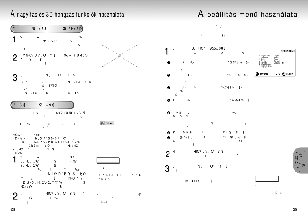 Samsung DVD-MC20/EUR, DVD-MC20/XEH manual Nagyítás és 3D hangzás funkciók használata, Beállítás menü használata 