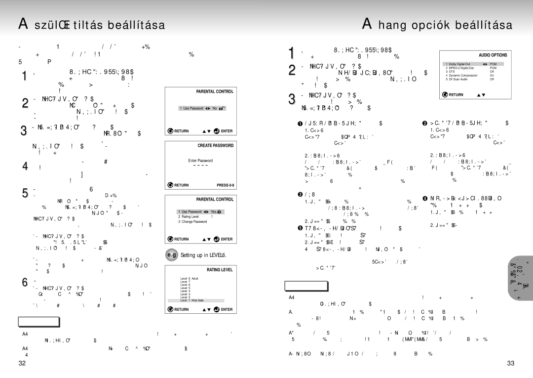 Samsung DVD-MC20/EUR SzülŒi tiltás beállítása Hang opciók beállítása, LEFT/RIGHT balra/jobbra gomb, Szabályoási szintrŒl 