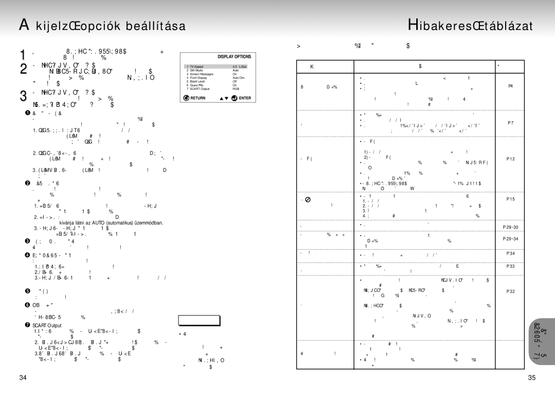 Samsung DVD-MC20/XEH, DVD-MC20/EUR manual KijelzŒ opciók beállítása HibakeresŒ táblázat 
