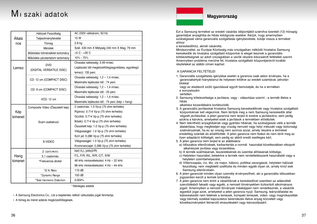 Samsung DVD-MC20/EUR, DVD-MC20/XEH manual Mıszaki adatok 