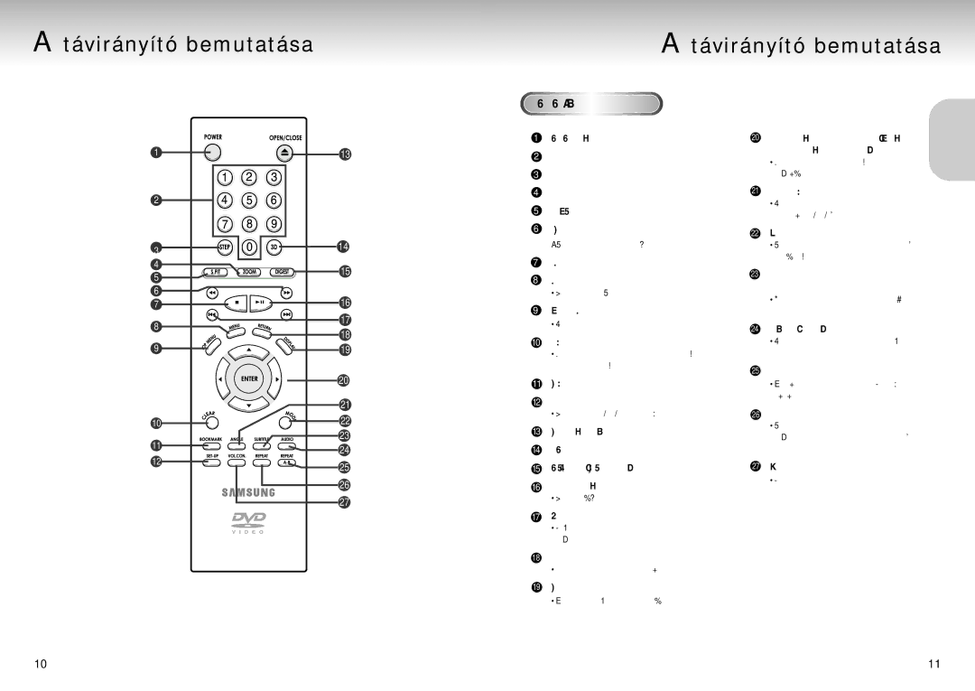 Samsung DVD-MC20/XEH, DVD-MC20/EUR manual Távirányító bemutatása, DVD funkció gombok 