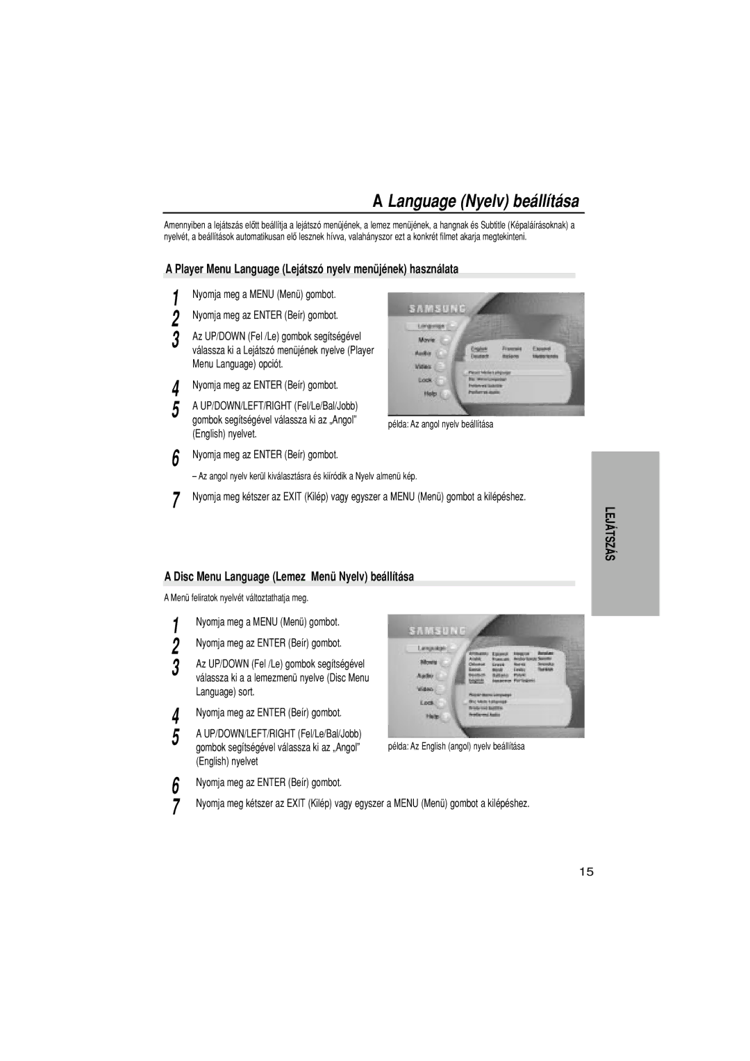 Samsung DVD-N505/EUR Language Nyelv be‡ll’t‡sa, Player Menu Language Lej‡tsz- nyelv menŸjŽnek haszn‡lata, English nyelvet 
