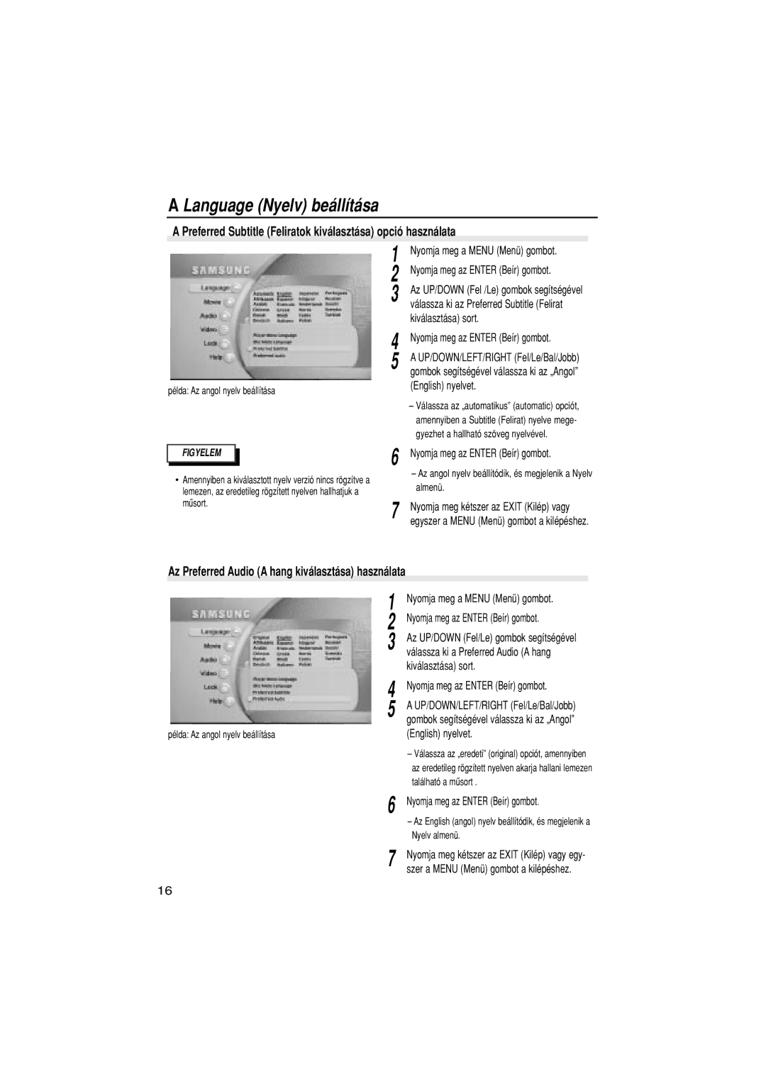 Samsung DVD-N505/XEH, DVD-N505/EUR manual Preferred Subtitle Feliratok kiv‡laszt‡sa opci- haszn‡lata 