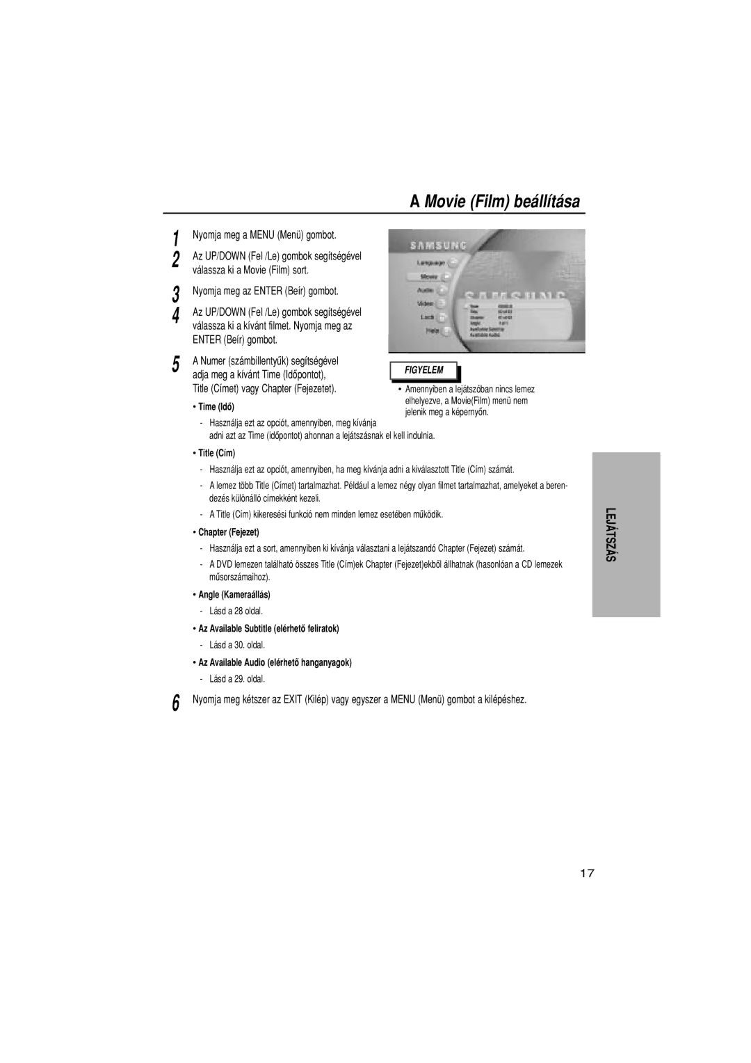 Samsung DVD-N505/EUR, DVD-N505/XEH manual Movie Film be‡ll’t‡sa, Nyomja meg a Menu MenŸ gombot 