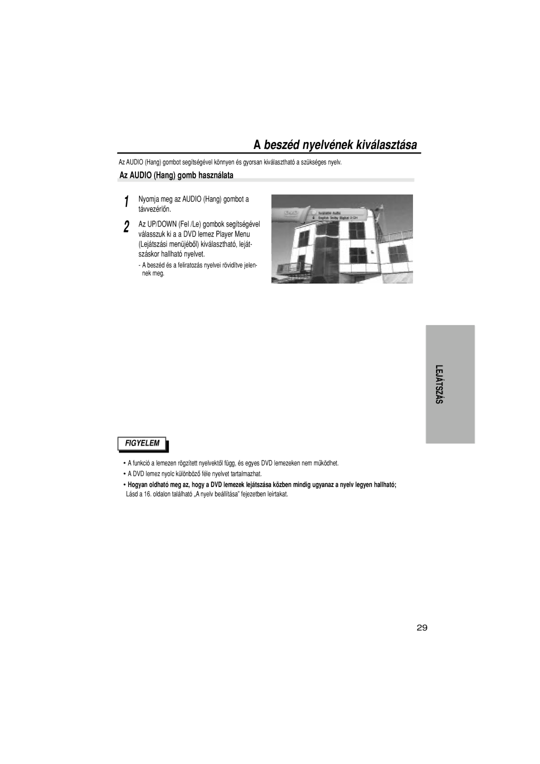 Samsung DVD-N505/EUR, DVD-N505/XEH manual BeszŽd nyelvŽnek kiv‡laszt‡sa, Az Audio Hang gomb haszn‡lata 