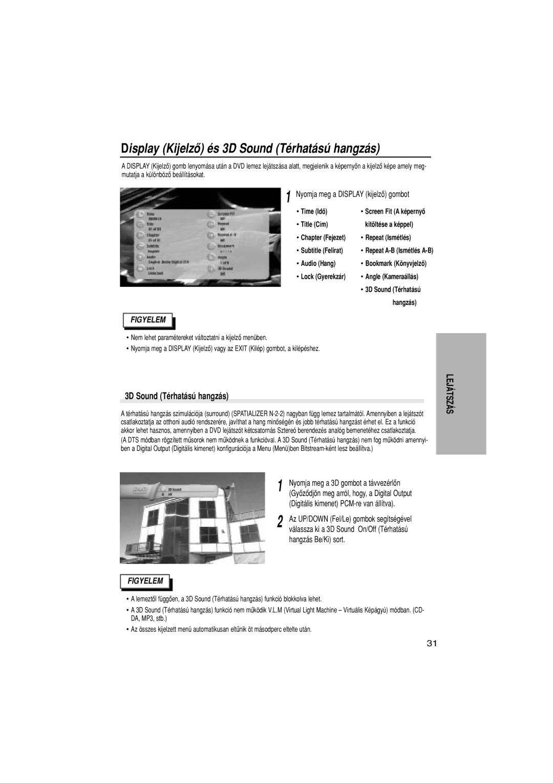 Samsung DVD-N505/EUR, DVD-N505/XEH manual Display Kijelz Žs 3D Sound TŽrhat‡sœ hangz‡s, Hangz‡s Be/Ki sort 