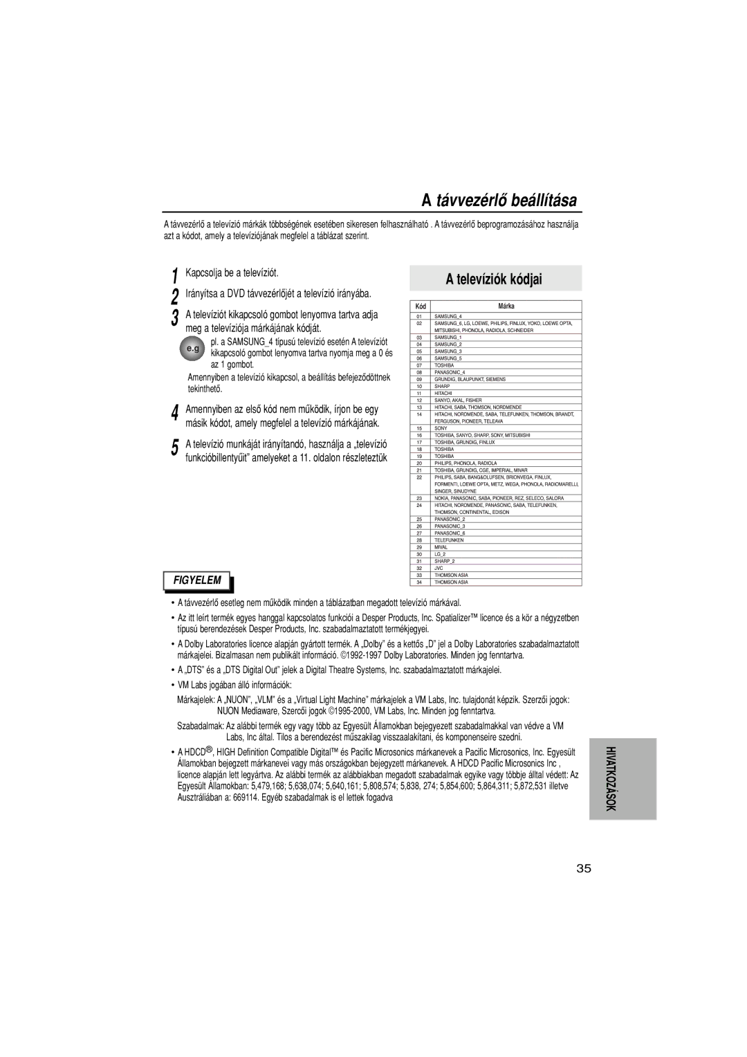 Samsung DVD-N505/EUR, DVD-N505/XEH manual ‡vvezŽrl be‡ll’t‡sa, Kapcsolja be a telev’zi-t, HIVATKOZçSOK 