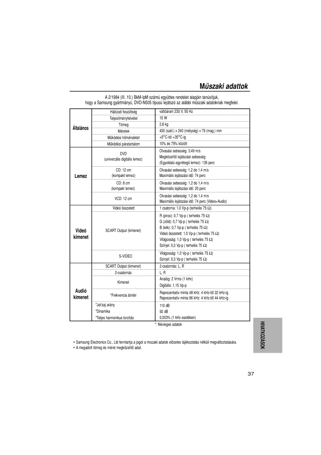 Samsung DVD-N505/EUR, DVD-N505/XEH manual Mžszaki adattok, Video 