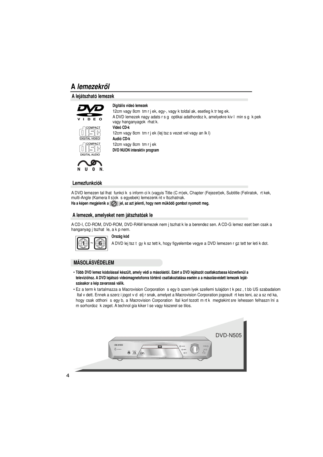 Samsung DVD-N505/XEH, DVD-N505/EUR manual Lemezekrl 