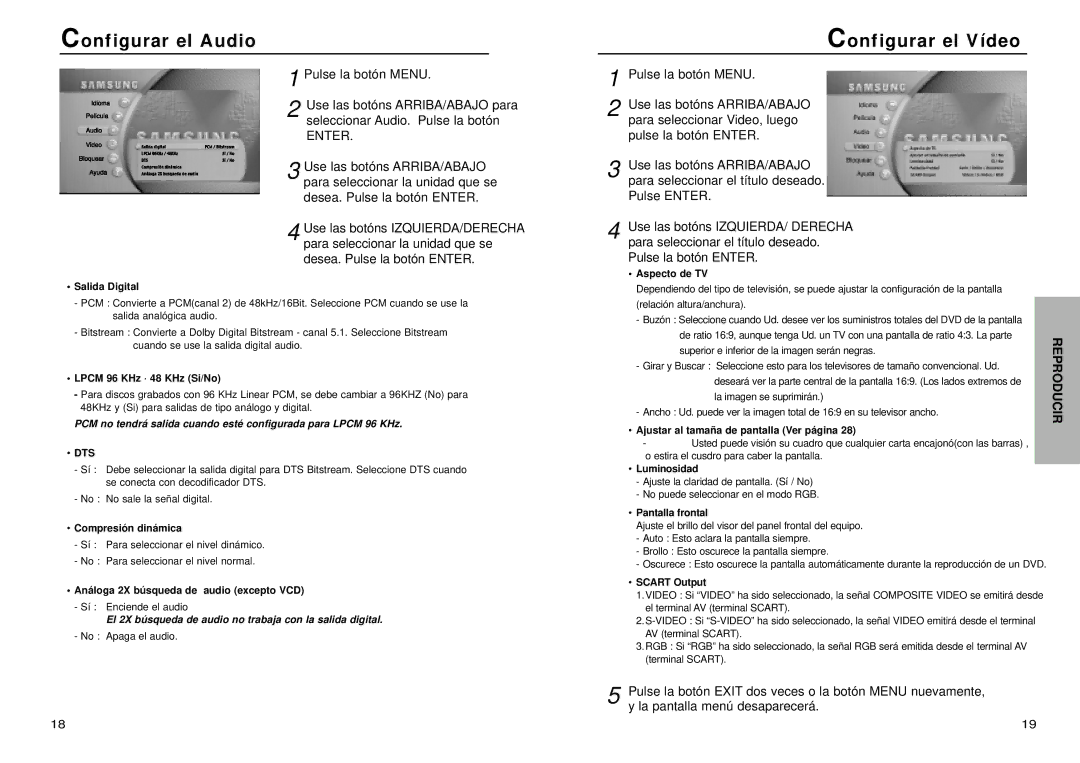 Samsung DVD-N505/XEC manual Configurar el Audio, Configurar el Vídeo, Enter 