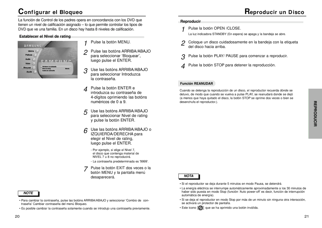 Samsung DVD-N505/XEC manual Configurar el Bloqueo, Reproducir un Disco, Establecer el Nivel de rating 