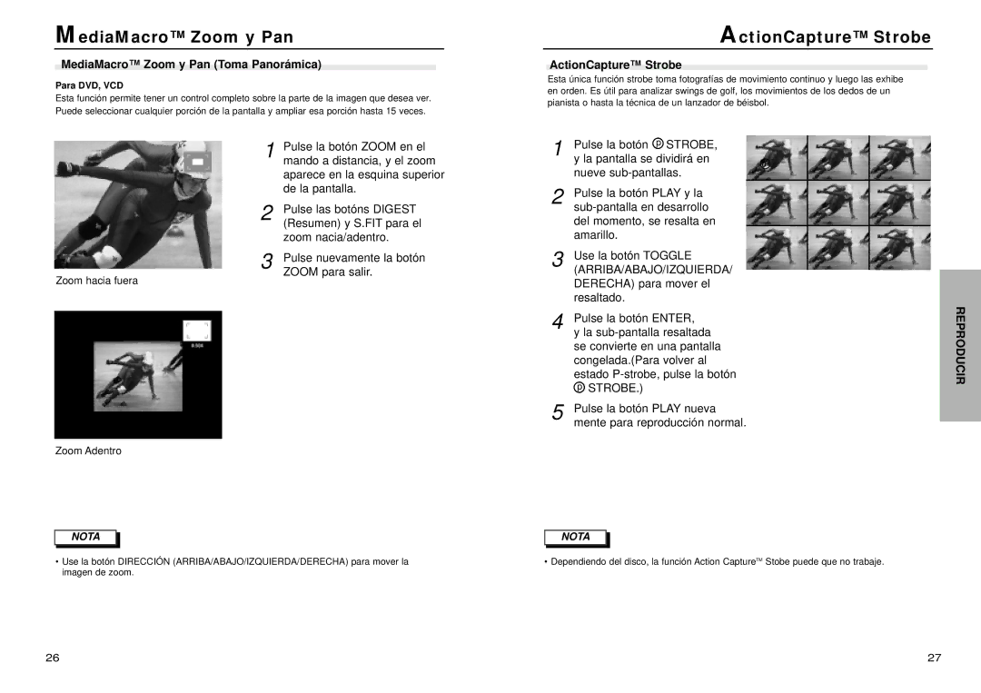 Samsung DVD-N505/XEC manual ActionCapture Strobe, MediaMacro Zoom y Pan Toma Panorámica, Arriba/Abajo/Izquierda 