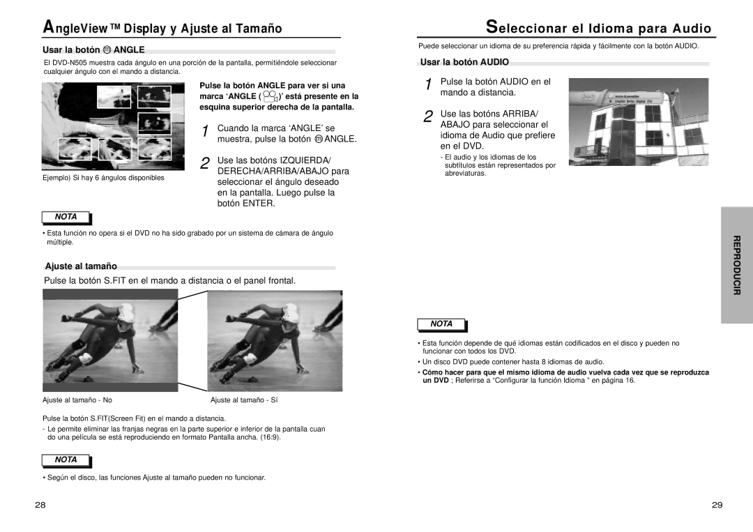 Samsung DVD-N505/XEC manual Seleccionar el Idioma para Audio, Usar la botón m Angle, Usar la botón Audio, Ajuste al tamaño 