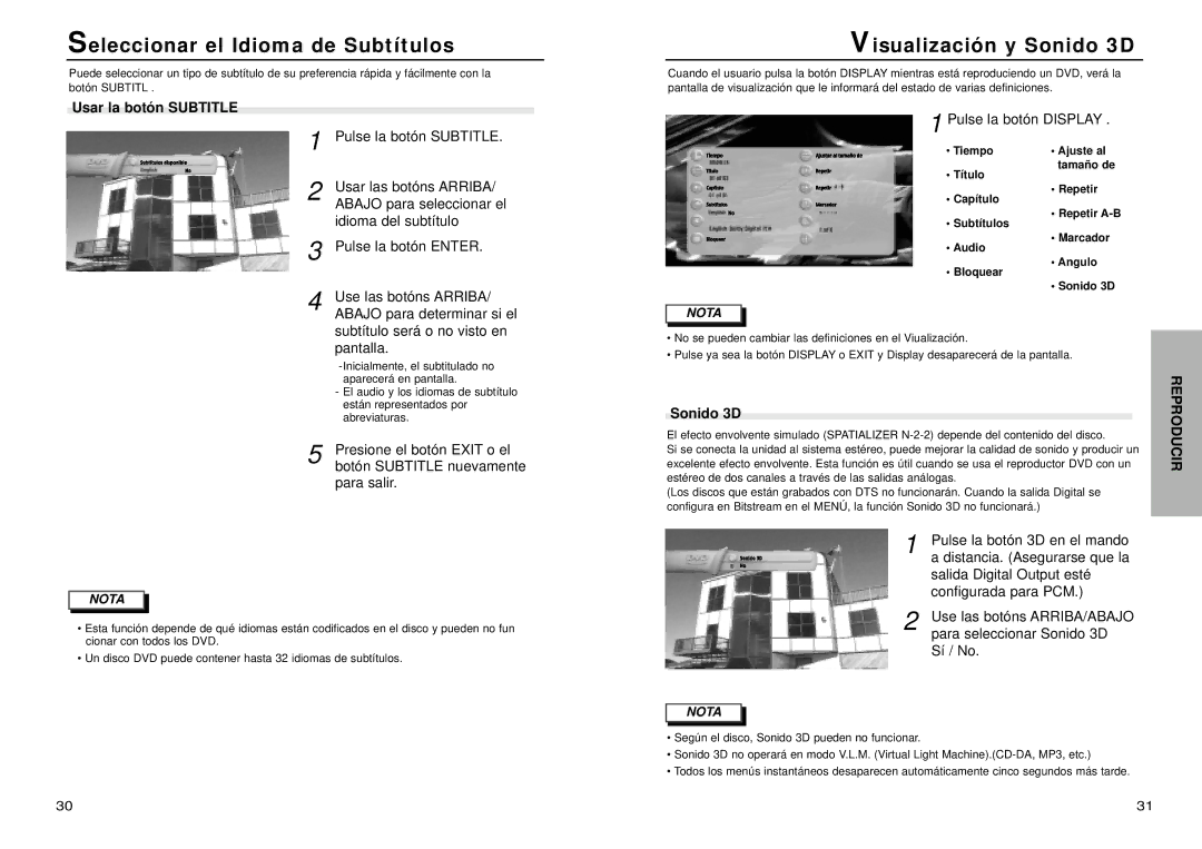 Samsung DVD-N505/XEC manual Seleccionar el Idioma de Subtítulos, Visualización y Sonido 3D, Usar la botón Subtitle 