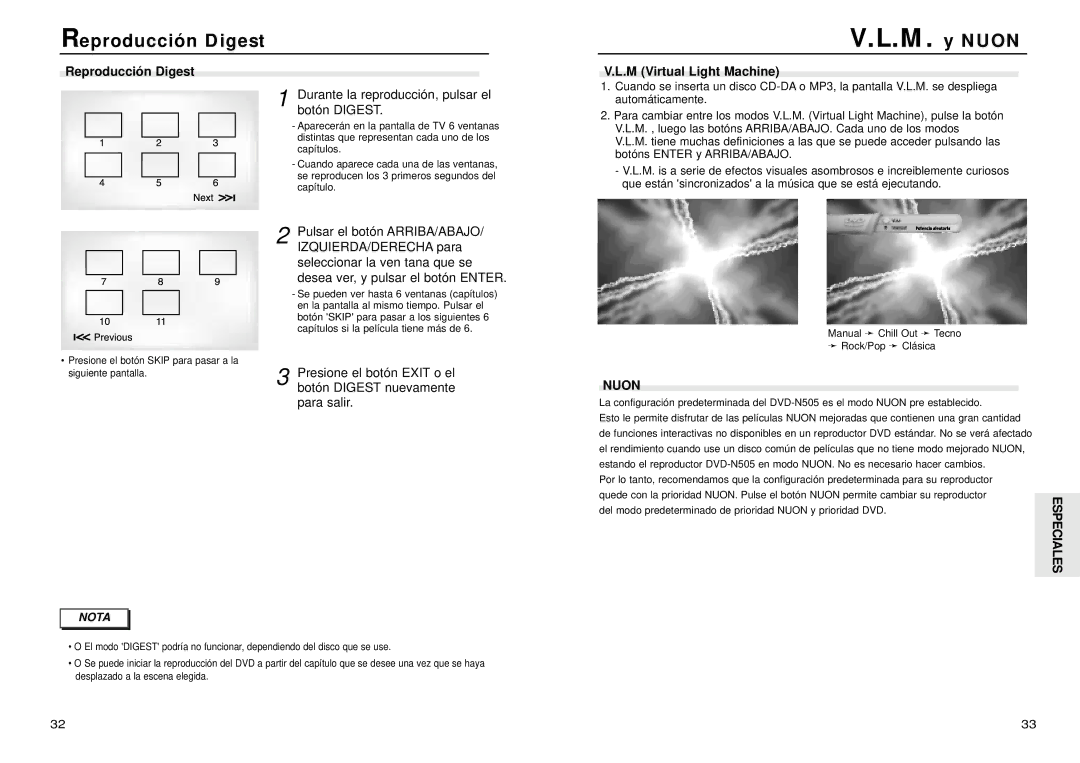 Samsung DVD-N505/XEC manual Reproducción Digest, M Virtual Light Machine, Nuon 