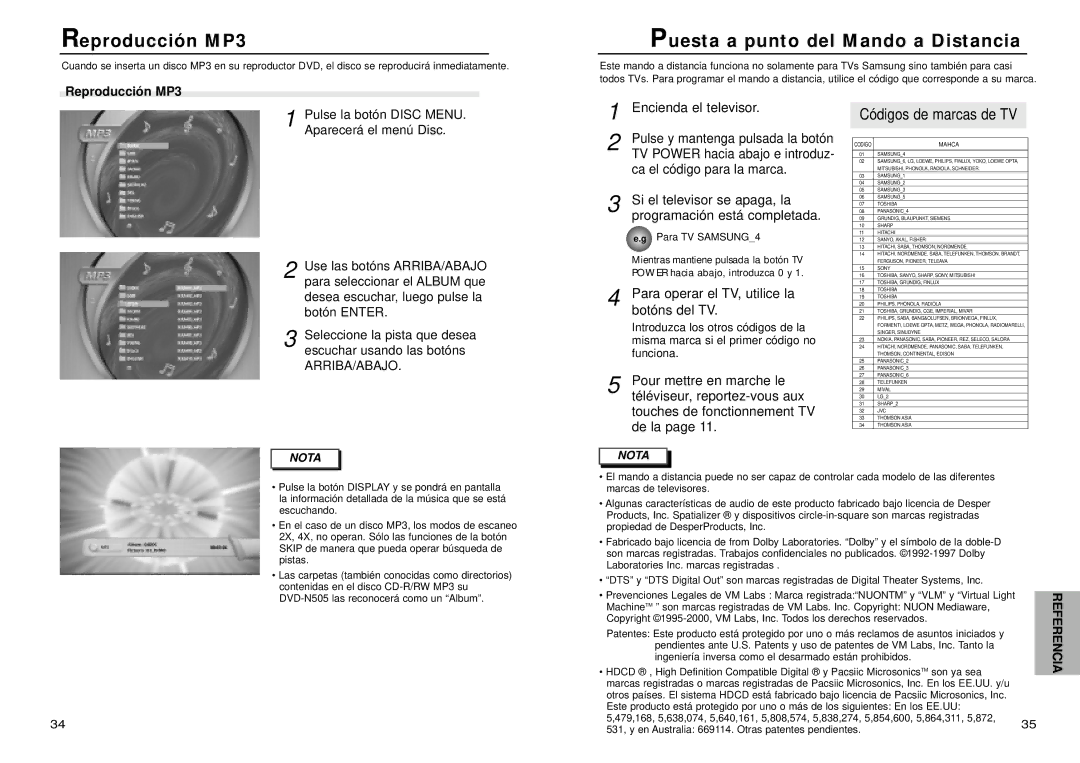 Samsung DVD-N505/XEC manual Reproducción MP3, Puesta a punto del Mando a Distancia, Arriba/Abajo, Referencia 