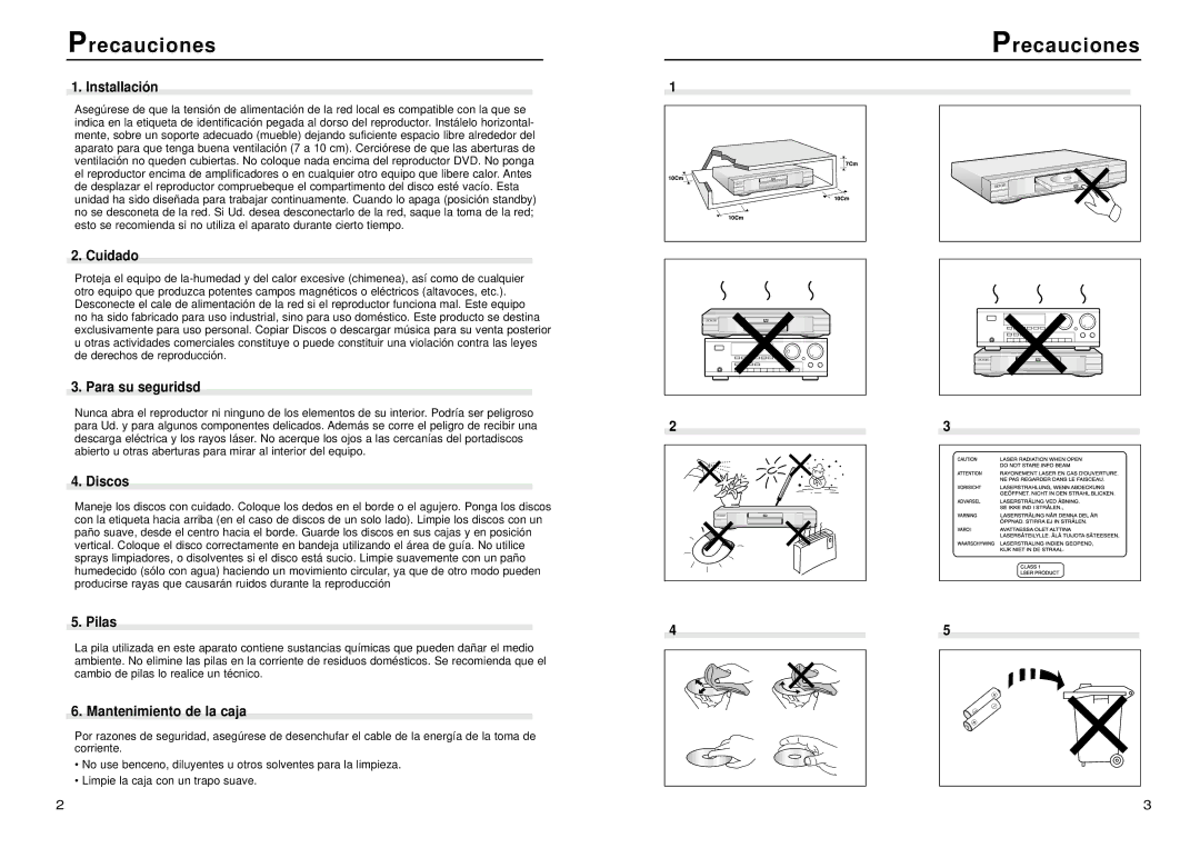 Samsung DVD-N505/XEC manual Precauciones, Mantenimiento de la caja 