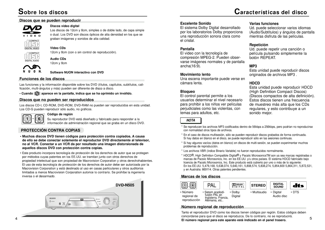 Samsung DVD-N505/XEC manual Sobre los discos, Características del disco, MP3, Hdcd, Protección Contra Copias 