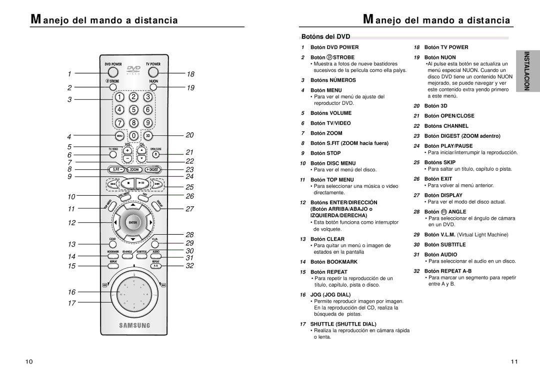 Samsung DVD-N505/XEC manual Manejo del mando a distancia, Botóns del DVD 