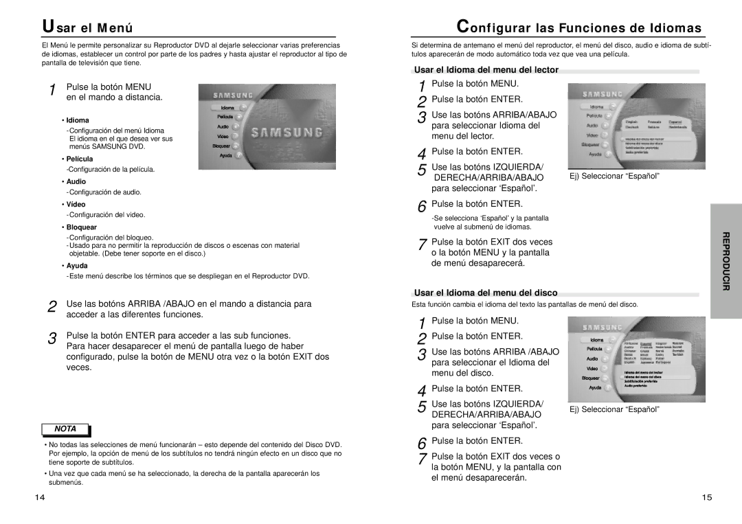 Samsung DVD-N505/XEC manual Usar el Menú, Configurar las Funciones de Idiomas, Usar el Idioma del menu del lector 